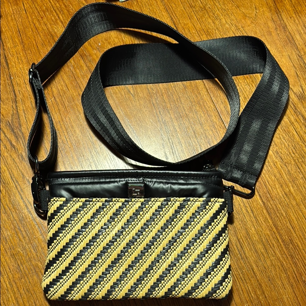 THINK ROYLN Black and Gold Striped Belt Bag